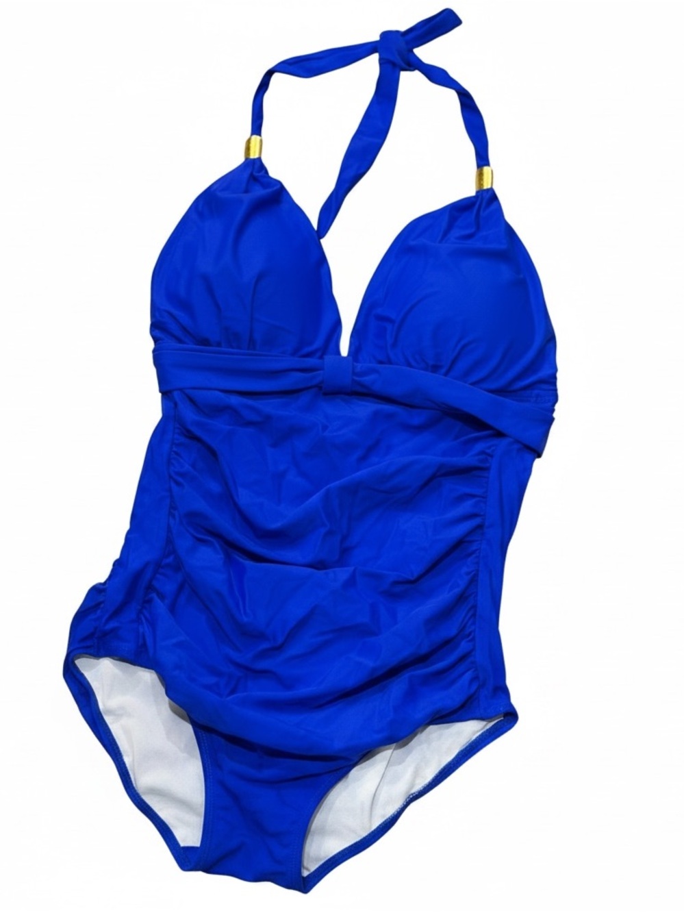 Halter One Piece Blue Swim with Gold Accents Flattering Ruching Size Large